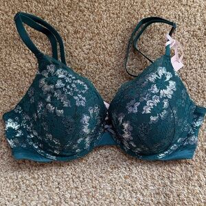 NWT Victorias Secret Lace Push-Up Perfect Shape Bra, Deepest Green Shimmer, 36C